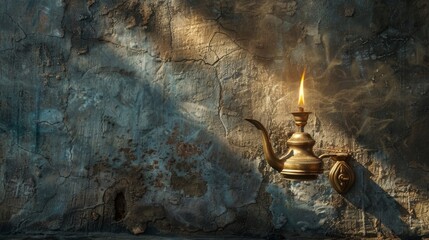 A gleaming brass oil lamp, its slender spout emitting a warm and inviting glow, casting dancing shadows on a weathered stone wall.