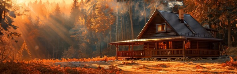 A realistic painting featuring a rustic cabin nestled in a forest setting. The cabin is the focal point of the artwork, surrounded by tall trees and greenery.