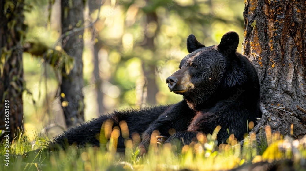 Poster a black bear is laying down in the grass next to a tree. the bear appears to be relaxed and comforta