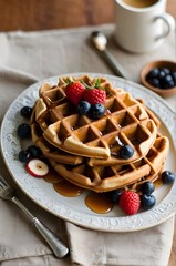 Stack of Fluffy Waffles Topped with Fresh Berries and Syrup