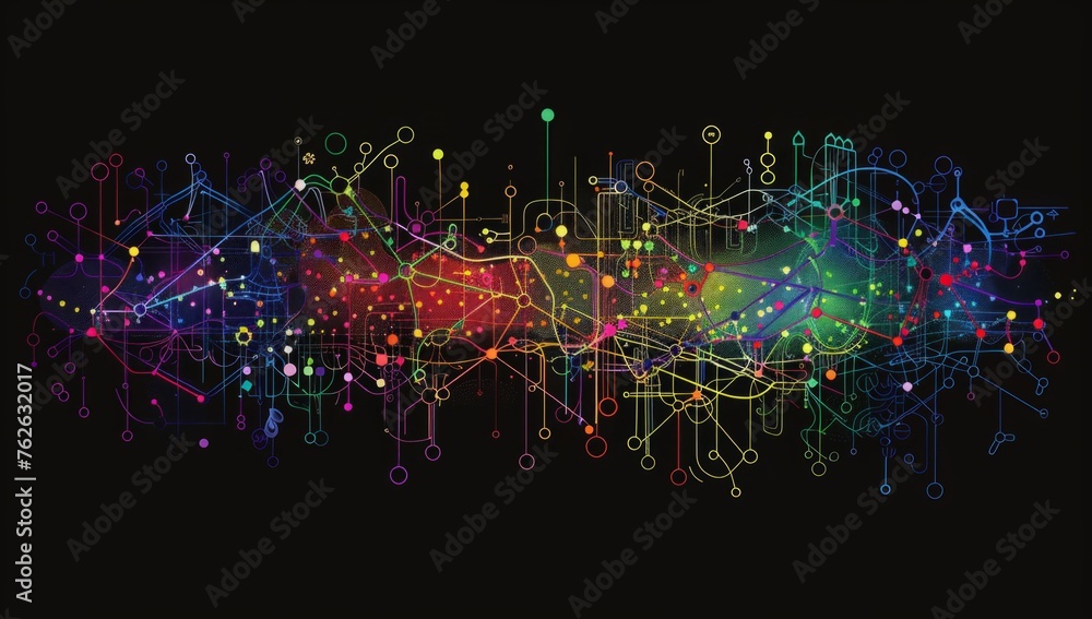Poster interconnected lines and dots forming the shape of an subway map, representing digital network techn