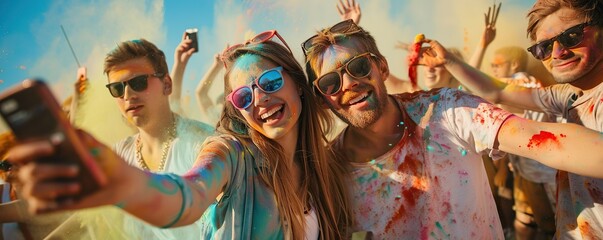 Group of happy men and women taking selfie photos with colorful dust splashes outdoors - obrazy, fototapety, plakaty