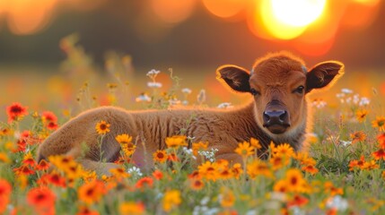  A calf grazing amidst meadow flowers, bathed in sunlight filtering through tall tree branches above - obrazy, fototapety, plakaty