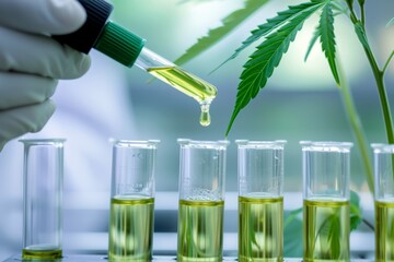 Scientist is dropping cannabis oil in test tubes