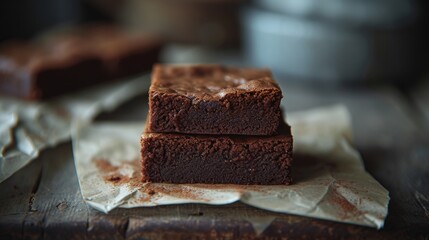 Homemade chocolate brownies on rustic wooden background, selective focus - obrazy, fototapety, plakaty