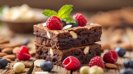 Chocolate brownies with raspberries, blueberries and almonds - obrazy, fototapety, plakaty