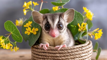  A picture of an animal in a basket, with a yellow flower plant nearby, sitting on a wooden table