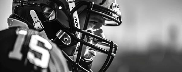 Black and white view of a male american football player in action