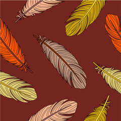 Hand draw seamless pattern with feather. Hand draw vector illustration