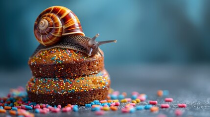  A snail is on top of a sprinkle-covered cupcake - obrazy, fototapety, plakaty