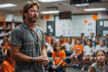 A teacher in a grey polo shirt leads a classroom discussion with young students in orange shirts.