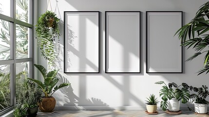 Simplistic design of a thin black frame mockup hanging on a blank white studio wall, offering a ne - obrazy, fototapety, plakaty