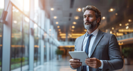 Man entrepreneur stands in modern office with tablet in hands. Bearded manager uses digital tool to stay connected and make informed decisions