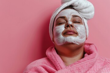 young plus size caucasian female with towel on head applying face mask, isolated on plain background, skincare portrait of woman after shower