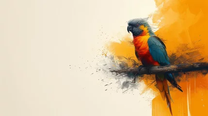 Fotobehang  A vibrant avian perched on a limb amidst an orange-white backdrop, adorned with a splash of pigment © Janis