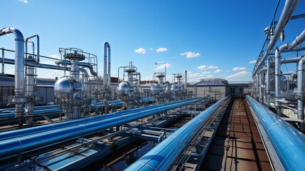 Fototapeta premium Gas pipelines, valves at a distribution station, a natural gas pumping and processing plant, an industrial image with a place for text, Generative AI.