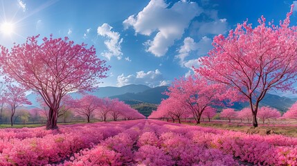 Obraz na płótnie Canvas Panoramic view captures a canopy of pink cherry blossoms in a springtime landscape, evoking a sens