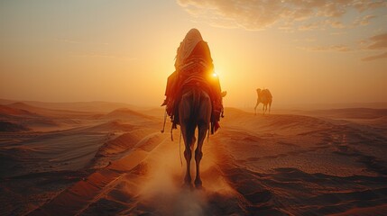 A man rides a brown horse through the desert, with two camels in the background