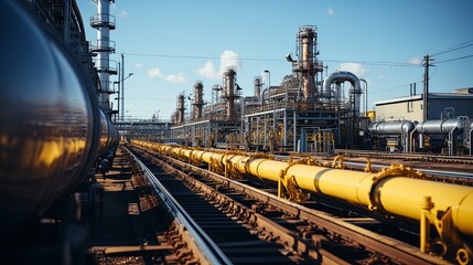 Fototapeta premium Gas pipelines, valves at a distribution station, a natural gas pumping and processing plant, an industrial image with a place for text, Generative AI.