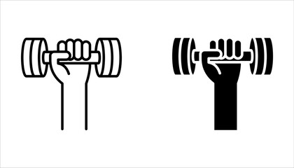 Hand with dumbbell linear icon set. Thin line vector isolated on white background