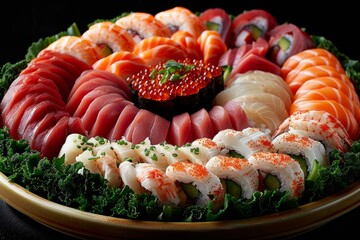 A lavish assortment of Japanese sushi featuring salmon, tuna, and caviar on a black platter.