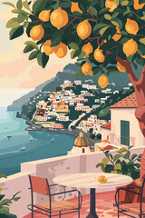 Positano travel poster, design with picturesque view and traditional buildings. Ai generated image