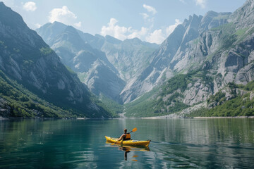 Serene Kayaking in a Mountain Lake
