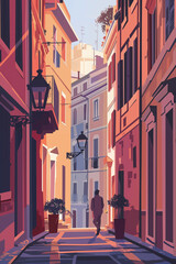 Travel poster of Roma streets. Vertical design in minimalistic flat style. Ai generated image