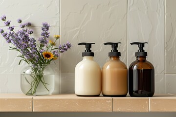 Elegant bathroom shelf with soap dispensers and flowers.