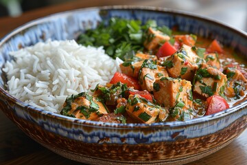 Tofu and vegetable curry beside jasmine rice garnished with fresh cilantro in a patterned bowl.
