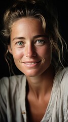 Close-up portrait of beautiful young woman with beautiful smile, striking blue eyes and a captivating look