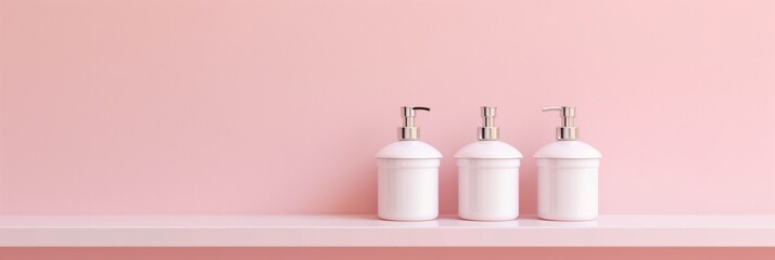 Three white soap dispensers on shelf, pink wall. - obrazy, fototapety, plakaty