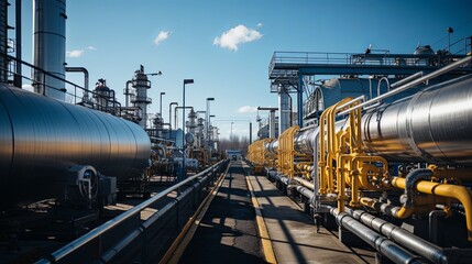 Naklejka premium Gas pipelines, valves at a distribution station, a natural gas pumping and processing plant, an industrial image with a place for text, Generative AI.