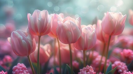 Enchanting view of soft pink tulip buds through a misty filter, creating a serene and magical ambi