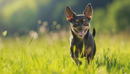 Toy Terrier dog run outdoor in green grass sum - obrazy, fototapety, plakaty