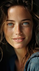 Close-up portrait of beautiful young woman with beautiful smile, striking blue eyes and a captivating look