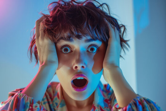 A woman with her hands on her head, looking surprised. The image has a bright and colorful feel to it. Scene is one of surprise and excitement. young attractive woman looking suprised and horrified.