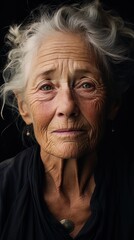 A Close-up portrait of an expressive elderly woman, with her face full of wrinkles and sad look