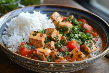 Tofu and vegetable curry beside jasmine rice garnished with fresh cilantro in a patterned bowl.