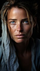 Fototapeta premium Close-up portrait of beautiful young woman with beautiful smile, striking blue eyes and a captivating look
