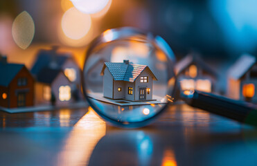 Magnifying glass focuses on a model house, symbolizing the thorough search, inspection, and evaluation process involved in finding the ideal property in the real estate market - obrazy, fototapety, plakaty