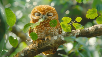 Obraz premium A wise owl rests its head on a leafy tree branch, with eyes shut tight