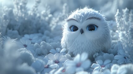 A white owl perched amidst a sea of white daisies & wildflowers, its piercing blue eyes gazing