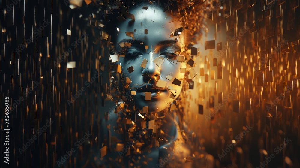 Poster Generative AI Fragmented and distorted shapes creating a unique and abstract visual tapestry. woman's face