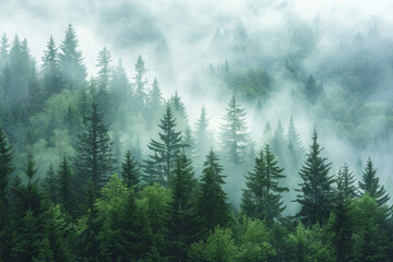 Mist-Enshrouded Evergreen Forest - obrazy, fototapety, plakaty