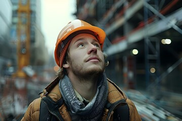 Construction worker in hard hat looks up at construction site attentively. Concept Construction Worker, Hard Hat, Construction Site, Attentive, Job Site