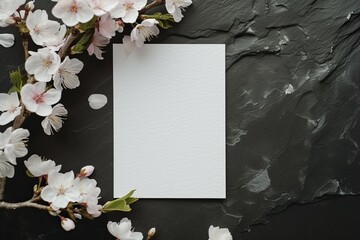 Invitation card mock up on black slate stone surface background with white flowers