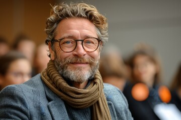 Smiling male professor with curly hair and glasses wearing a scarf in an academic setting.