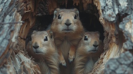  A group of three prairie groundhogs emerges from a tree trunk hole in a wildlife sanctuary