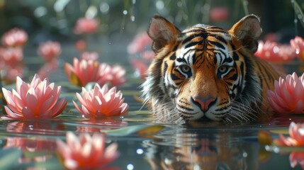  A tiger photographed from close range, with water and flowers in front, and a backdrop of water